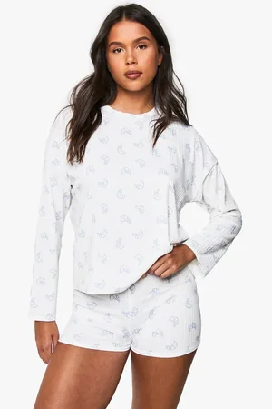 Boohoo Womens Croissant Print Soft Rib Long Sleeve T-Shirt & Boxer Shorts Pyjama Set - - 14