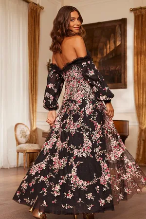 Needle & Thread Lunaria Wreath Off-Shoulder Long Sleeve Gown UK 6