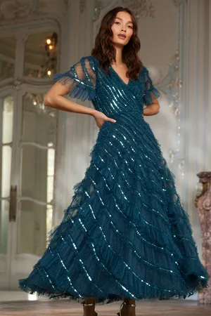 Needle & Thread Spiral Sequin V-Neck Ankle Gown UK 18