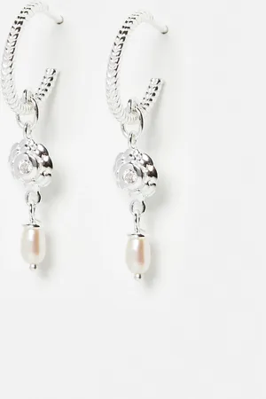Oliver Bonas Birdie Cubic Zirconia Flower Charm & Freshwater Pearl Drop Earrings