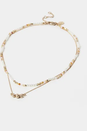 Oliver Bonas Kaia Bead & Faux Pearl Chain Double Row Pendant Necklace