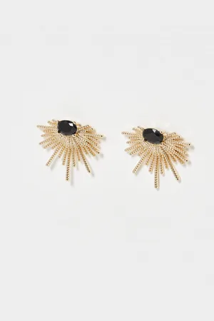 Oliver Bonas Twisted Bar Fan & Black Gem Gold Tone Statement Earrings