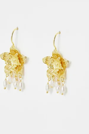 Oliver Bonas Sarah Gold Plated Filigree Flower & Pearl Drop Earrings
