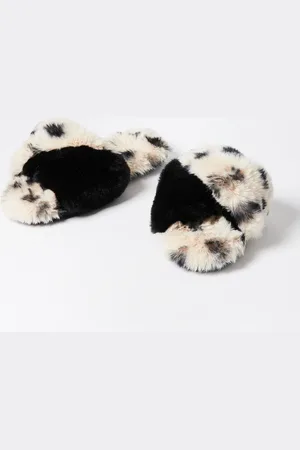 Oliver Bonas Black & White Spotty Animal Faux Fur Slippers, size Large