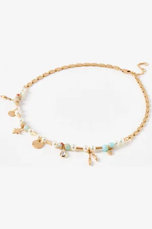 Oliver Bonas Brooke Beaded & Charms Gold Tone Short Necklace