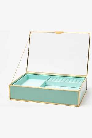 Oliver Bonas Gold & Glass Blue Satin Jewellery Box