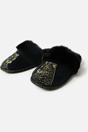 Oliver Bonas Black & Gold Leopard Slippers & Drawstring Bag, size Small