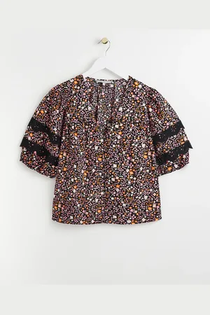 Oliver Bonas Floral Print Broderie Sleeve Blouse, size 8