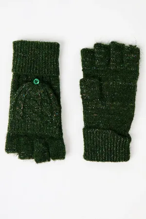 Oliver Bonas Khaki Sparkle Knitted Fingerless Mitten Gloves