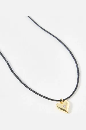 Oliver Bonas Cordi Clear Stone Inlay Heart Charm Gold Plated Corded Necklace
