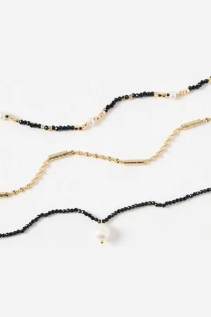 Oliver Bonas Hetty Black Bead & Chain Faux Pearl Layered Necklace