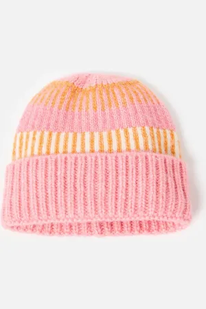 Oliver Bonas Pink & Orange Striped Knitted Beanie Hat