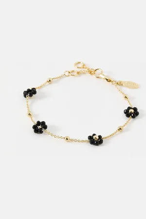 Oliver Bonas Rosaria Black Beaded Flower Gold Tone Chain Bracelet