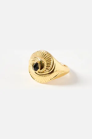 Oliver Bonas Sable Onyx Inlay Gold Plated Statement Ring, size 52