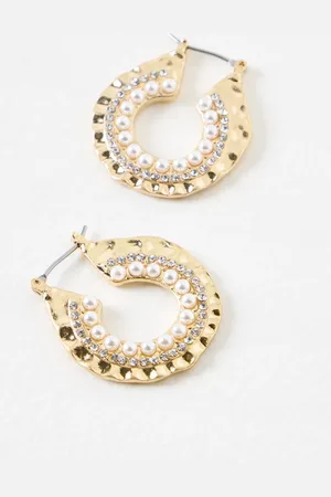 Oliver Bonas Elodie Faux Pearl & Stone Gold Tone Hoop Earrings