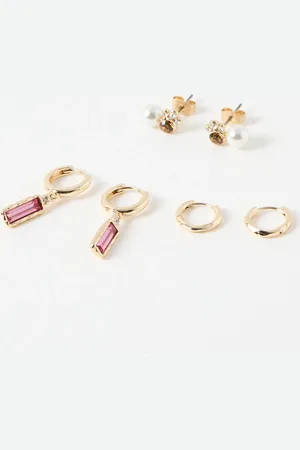 Oliver Bonas Illoro Faux Pearl & Stone Drop Huggie & Stud Earring Set