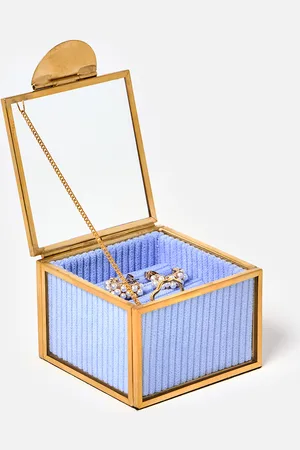 Oliver Bonas Gold & Glass Blue Corduroy Ring Holder Jewellery Box
