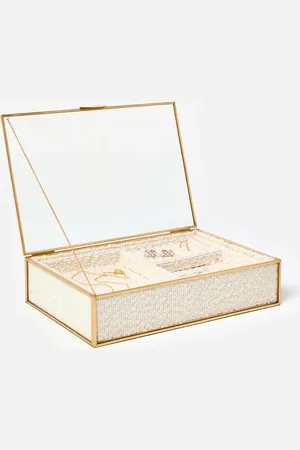 Oliver Bonas Gold & Glass Cream Boucle Jewellery Box
