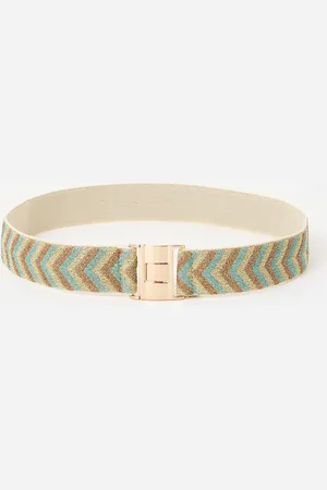 Oliver Bonas Gold & Blue Chevron Sparkle Elastic Waist Belt, size Large