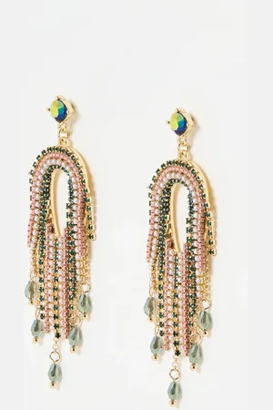 Oliver Bonas Janet Green Stone & Faux Pearl Tassel Earrings