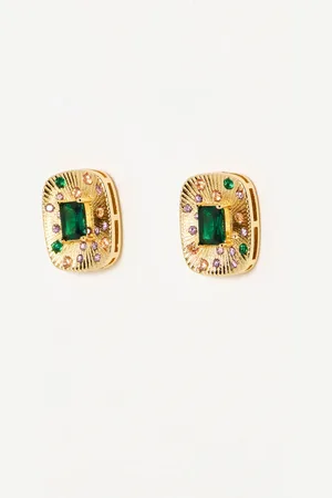 Oliver Bonas Ardella Rectangular Green Stone Inlay Statement Earrings