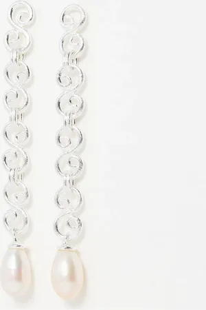 Oliver Bonas Edith Silver Plated Scroll Chain & Freshwater Pearl Drop Earrings