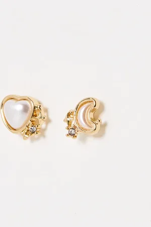 Oliver Bonas Alisha Heart & Moon Faux Pearl Stud Earrings