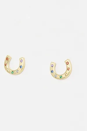 Oliver Bonas Clover Rainbow Stone Horseshoe Gold Plated Stud Earrings
