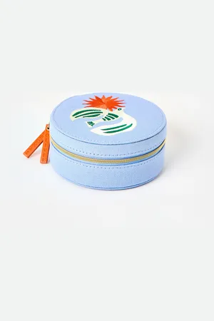 Oliver Bonas Embroidered Bird Round Blue Jewellery Box