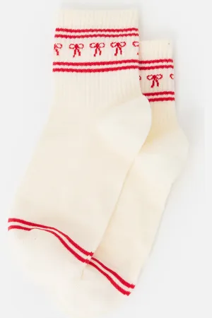 Oliver Bonas Cream & Red Bow Sporty Ankle Socks