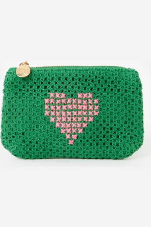 Oliver Bonas Green & Pink Heart Embroidered Zipped Pouch