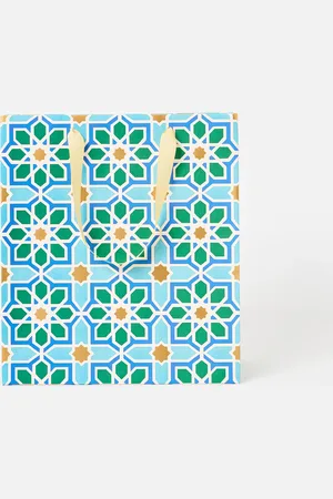Oliver Bonas Blue Floral Tile Gift Bag Large