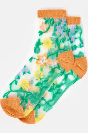 Oliver Bonas Orange & Green Sheer Floral Ankle Socks