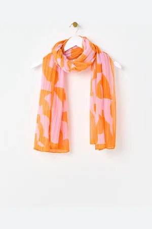 Oliver Bonas Orange & Pink Abstract Shapes Pleated Lightweight Scarf