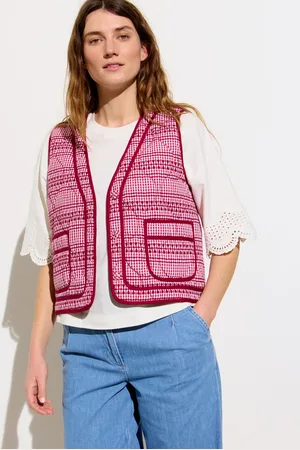 Oliver Bonas Burgundy & White Gingham Embroidered Quilted Gilet, size 6