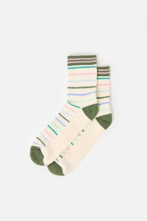 Oliver Bonas Cream & Green Glitter Striped Ankle Socks