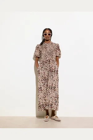 Oliver Bonas Leopard Print Shirred Bodice Puff Sleeve Midi Dress, size 6