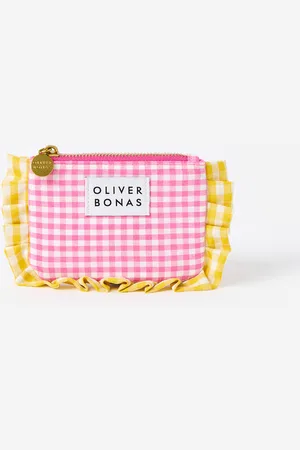 Oliver Bonas Pink & Yellow Gingham Ruffle Zipped Pouch