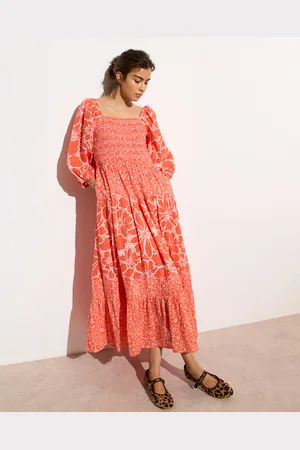 Oliver Bonas & White Floral Puff Sleeve Cotton Midi Dress, size 8