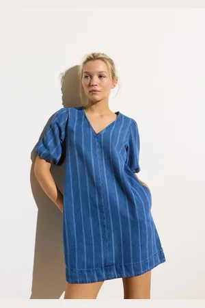 Oliver Bonas Denim Striped V-Neck Short Sleeve Mini Dress, size 16