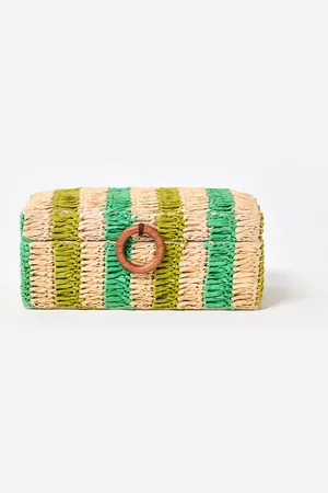Oliver Bonas Woven Stripe Green Raffia Jewellery Box