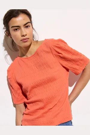 Oliver Bonas Orange Pleated Textured Short Sleeve Top, size 8