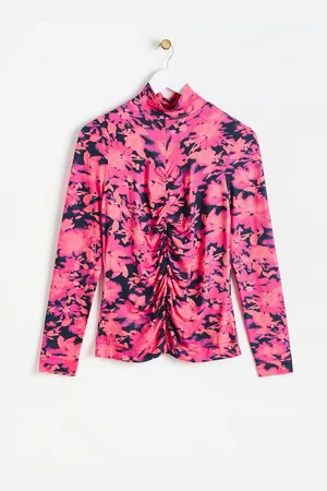 Oliver Bonas Pink Floral Print Ruched Front Roll Neck Jersey Top, size 6
