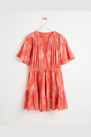 Oliver Bonas Floral Print Metallic Coral Orange Tiered Mini Dress, size 8