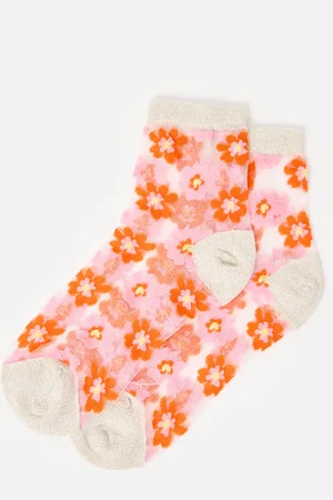Oliver Bonas Pink & Floral Glitter Sheer Ankle Socks