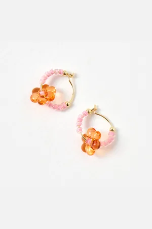 Oliver Bonas Clary Orange Flower Beaded Hoop Earrings