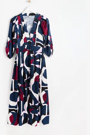 Oliver Bonas Navy Abstract Print V-Neck Midi Dress with Button Detail, size 6