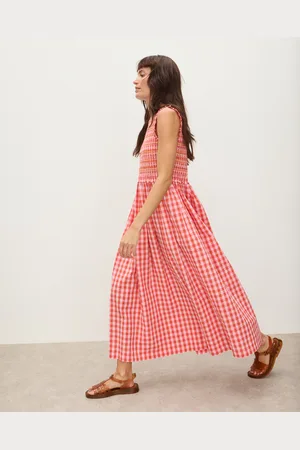 Oliver Bonas Red & Gingham Shirred Bodice V-Neck Midi Dress, size 14