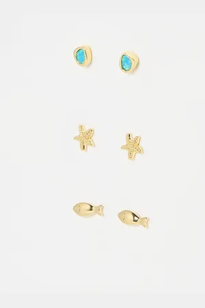 Oliver Bonas Mira Opalite, Fish & Starfish Gold Plated Stud Earrings Set