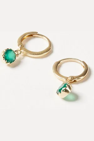 Oliver Bonas Alula Round Green Onyx Drop Gold Plated Huggie Earrings
